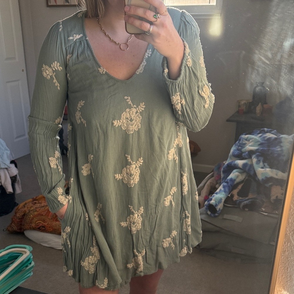 Free People Sage Green Floral Long Sleeve Dress